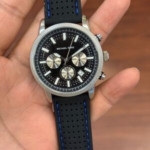 Michael Kors Black  Chronograph with Silver Accents  Blue-Trim Strap Mens Watch